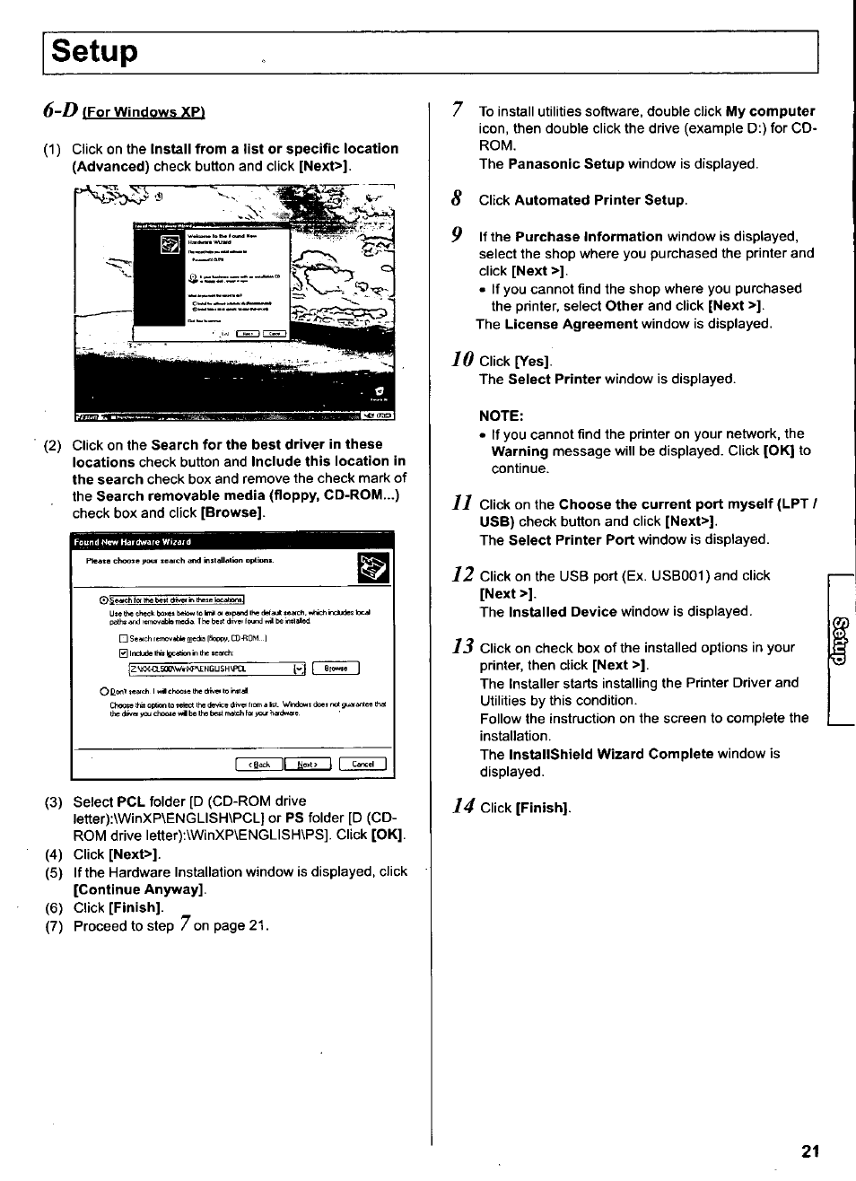 Iy (for windows xp, 8 click automated printer setup, Note | Setup | Panasonic KX-CL500 User Manual | Page 21 / 32