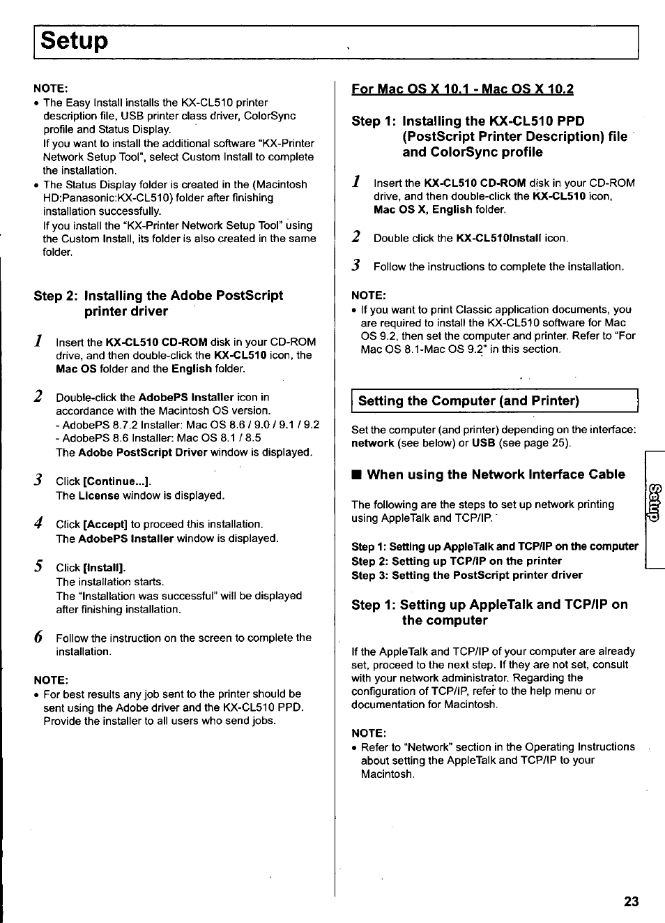 Note, 3 click [continue, 5 click [install | For mac os x 10.1 - mac os x 10.2, Step 1: installing the kx-cl510 ppd, Mac os x, english folder, When using the network interface cable, Setup | Panasonic KX-CL500 User Manual | Page 23 / 32