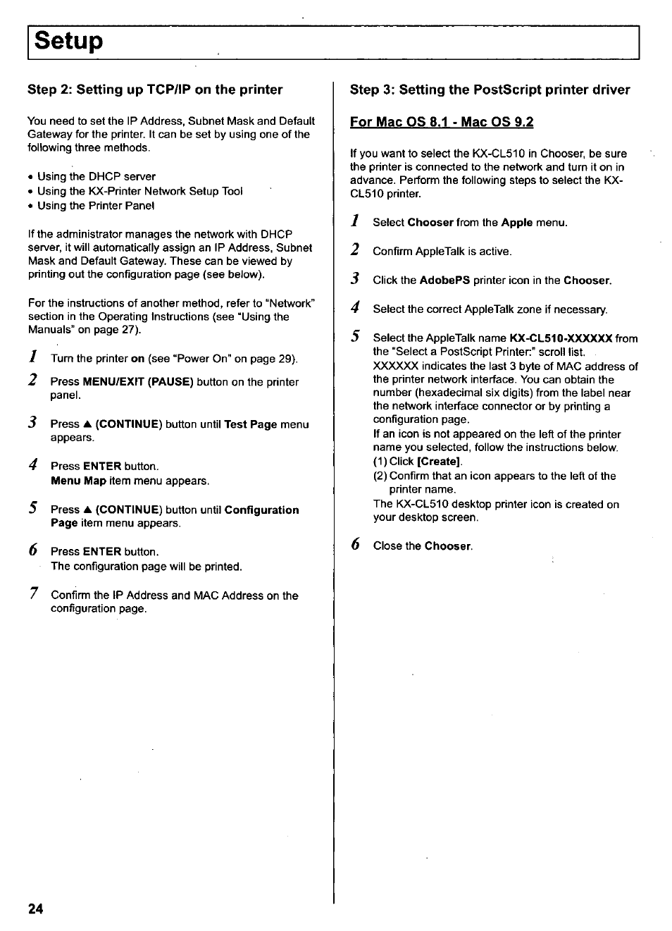 Step 2: setting up tcp/ip on the printer, Step 3: setting the postscript printer driver, For mac os 8.1 - mac os 9.2 | Setup | Panasonic KX-CL500 User Manual | Page 24 / 32