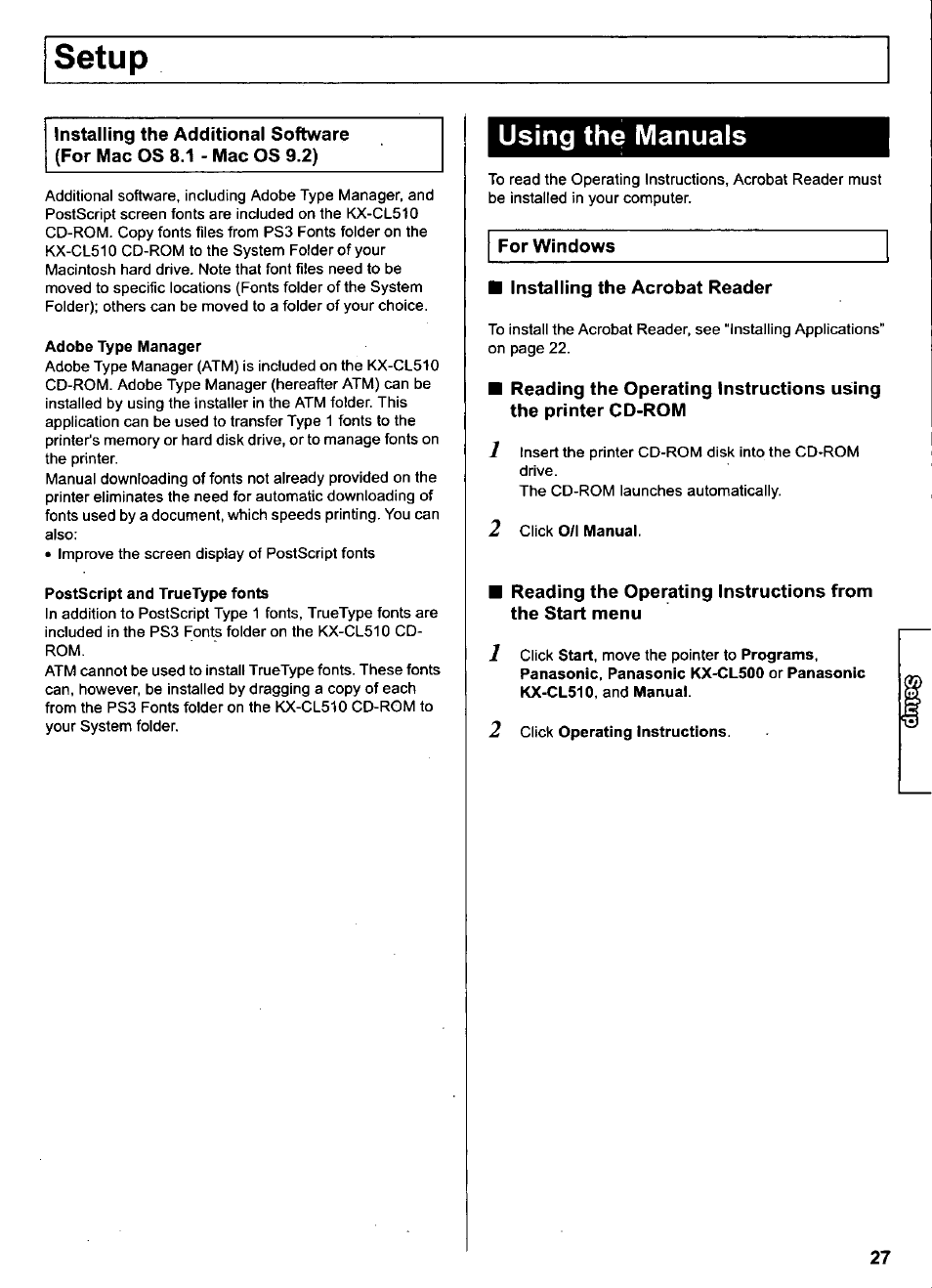 Adobe type manager, Postscript and truetype fonts, Using the manuals | Installing the acrobat reader, 2 click 0/1 manual, 2 click operating instructions, Setup | Panasonic KX-CL500 User Manual | Page 27 / 32