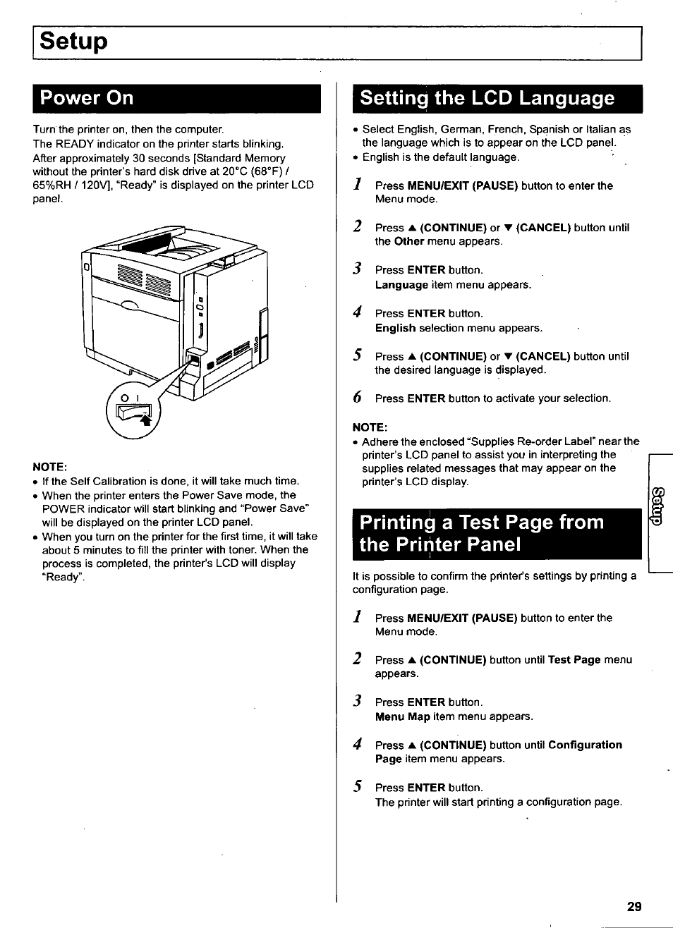Note, Setting the lcd language, Setup | Power on, Printing a test page from the printer panel | Panasonic KX-CL500 User Manual | Page 29 / 32