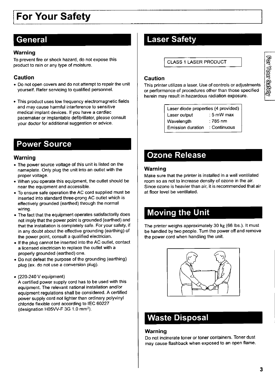 Warning, Caution, Power source | Laser safety, Ozone release, Moving the unit, Waste disposal, Cautions, For your safety, General | Panasonic KX-CL500 User Manual | Page 3 / 32