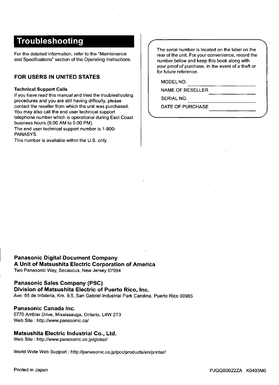 Troubleshooting, For users in united states, Technical support calls | Panasonic sales company (psc), Panasonic canada inc, Matsushita electric industrial co., ltd | Panasonic KX-CL500 User Manual | Page 32 / 32