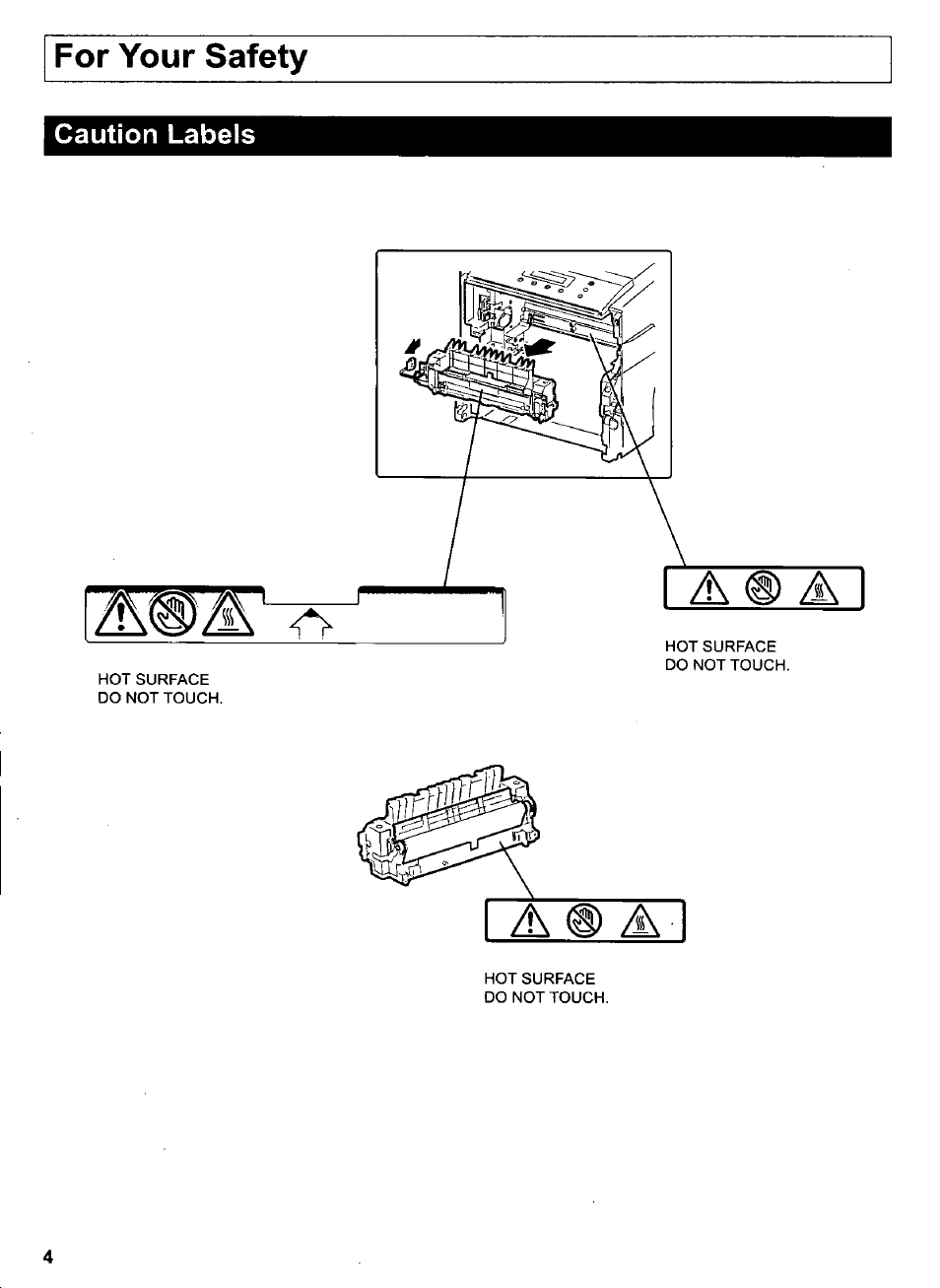 Caution labels, For your safety | Panasonic KX-CL500 User Manual | Page 4 / 32