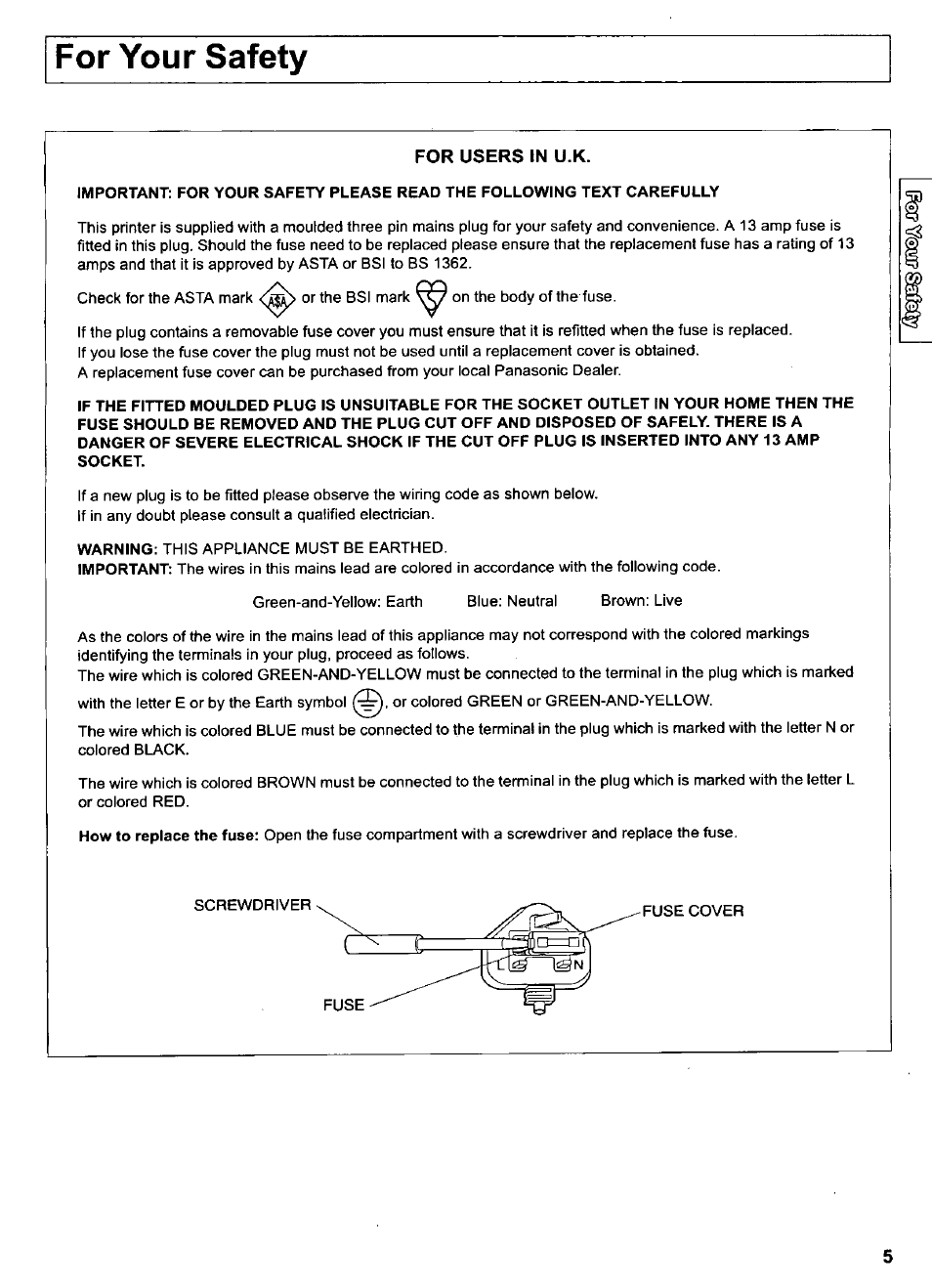 For users in u.k, For your safety | Panasonic KX-CL500 User Manual | Page 5 / 32