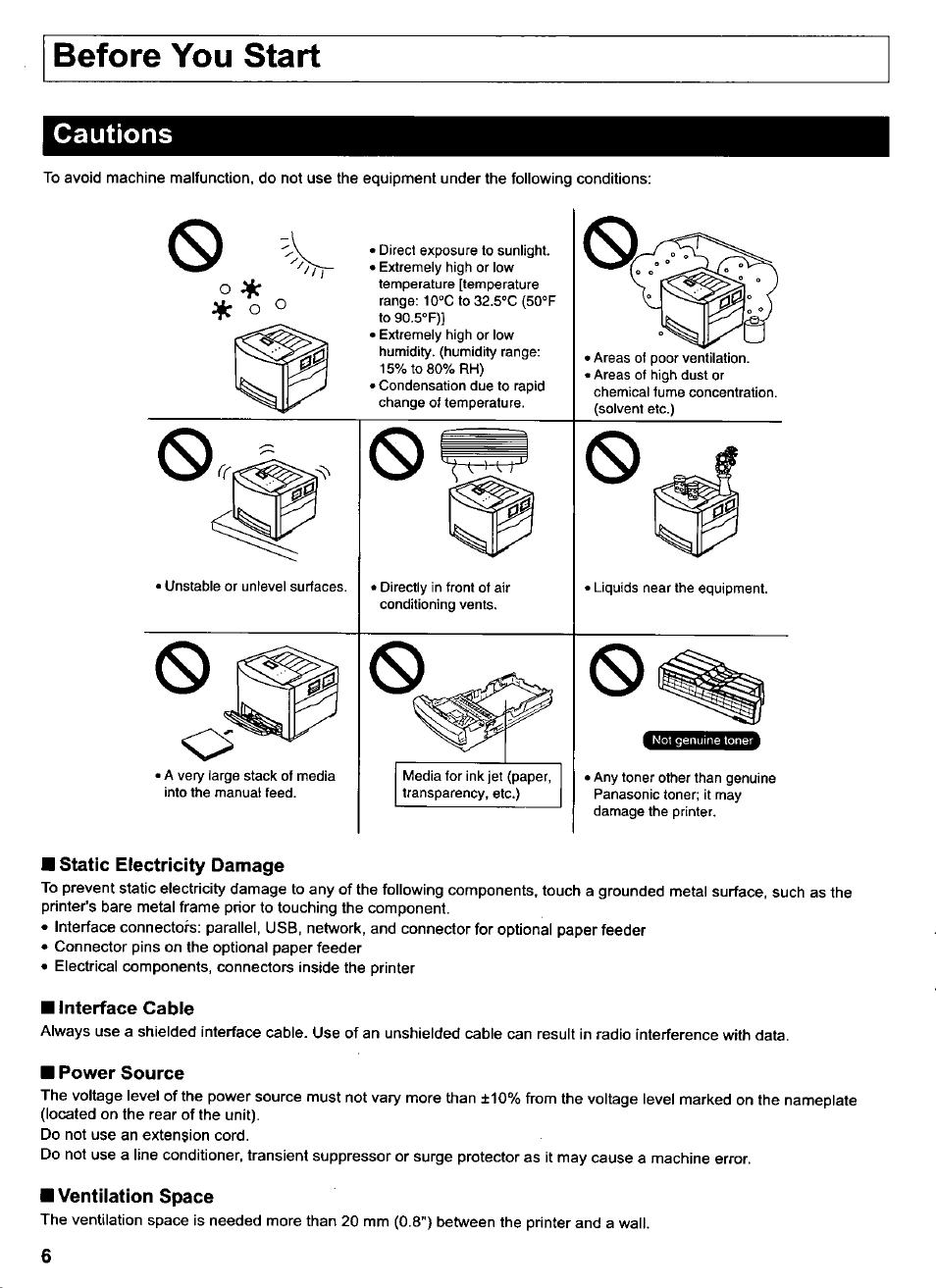 Cautions, Static electricity damage, Interface cable | Power source, Ventilation space, Before you start | Panasonic KX-CL500 User Manual | Page 6 / 32