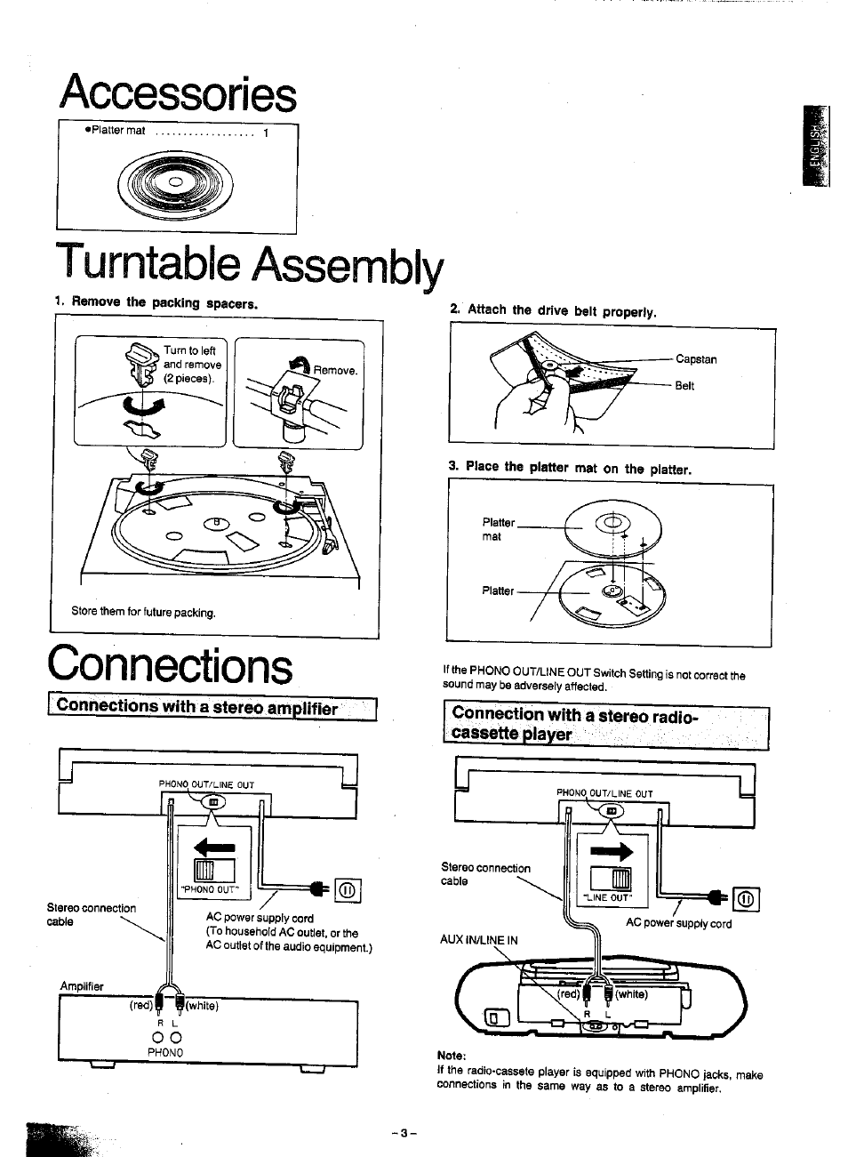 Attach the drive belt properly, Accessories turntable assembly connections | Panasonic SL-J120 User Manual | Page 3 / 6