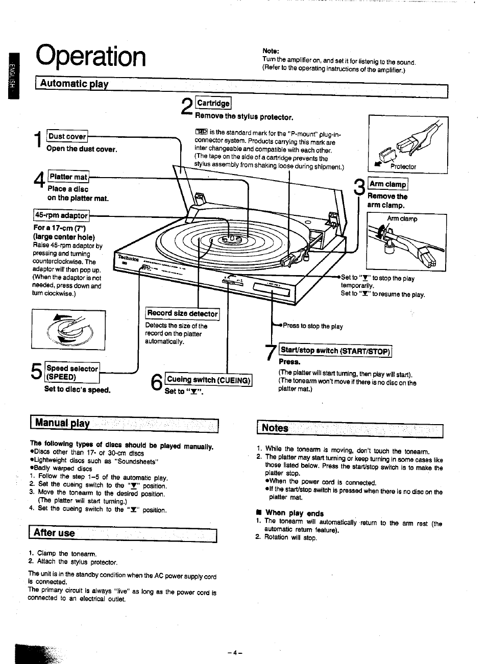 Note, Automatic play, Cartridge | Dust cover, Remove the arm clamp, Set to disc's speed, Set to “i, Start/stop switch (start/stop), Press, Manual play | Panasonic SL-J120 User Manual | Page 4 / 6