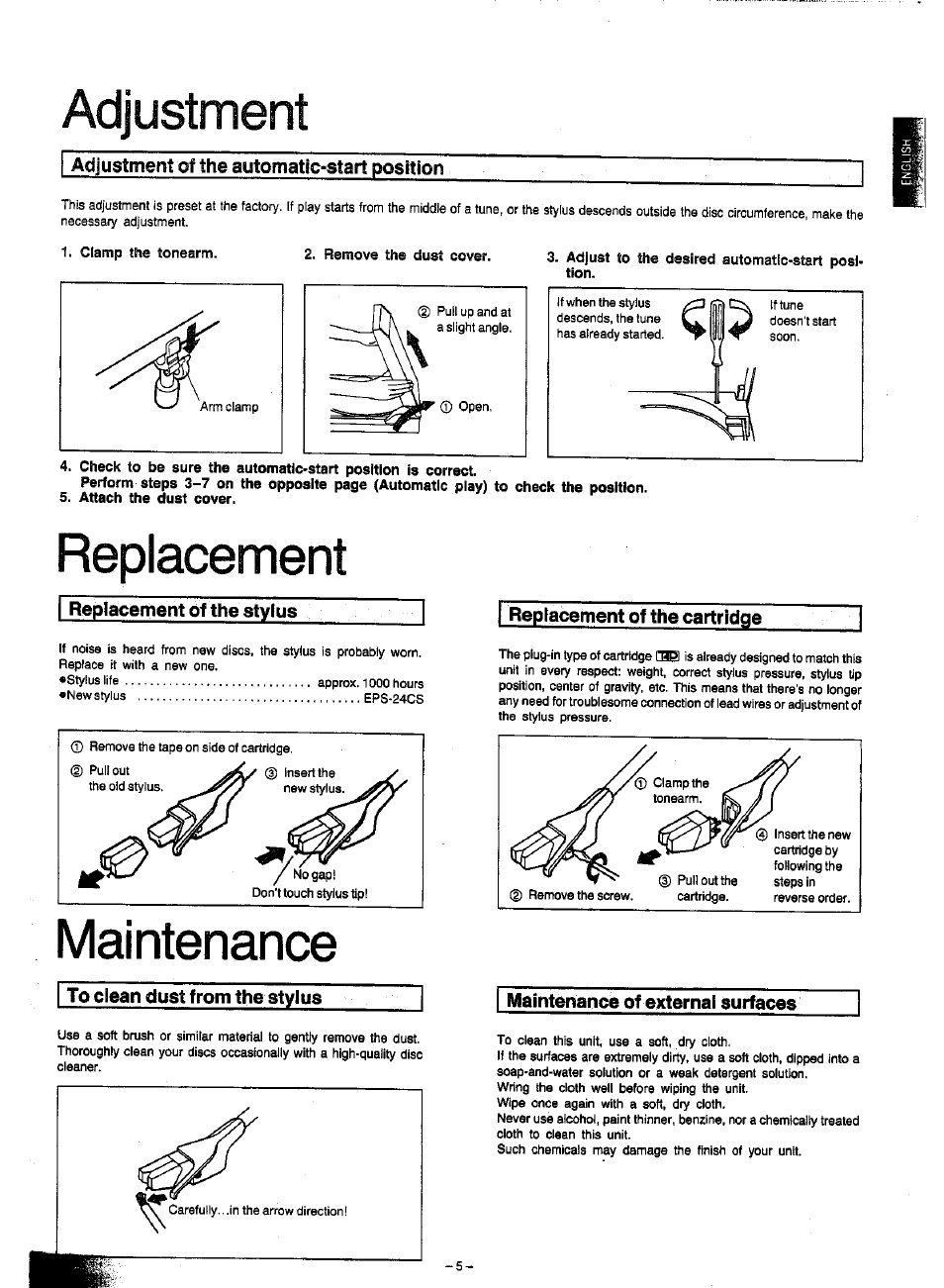 Adjustment of the automatic-start position, Clamp the tonearm, Remove the dust cover | Adjust to the desired automatic<start posi* tion, Attach the dust cover, Replacement of the stylus, Replacement of the cartridge, To clean dust from the stylus, Adjustment, Replacement | Panasonic SL-J120 User Manual | Page 5 / 6