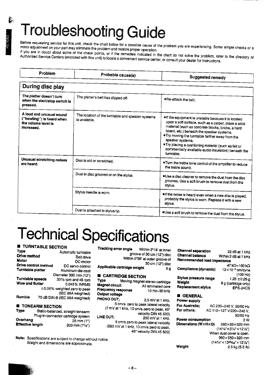 Troubleshooting guide, Technical specifications, During disc play | Panasonic SL-J120 User Manual | Page 6 / 6