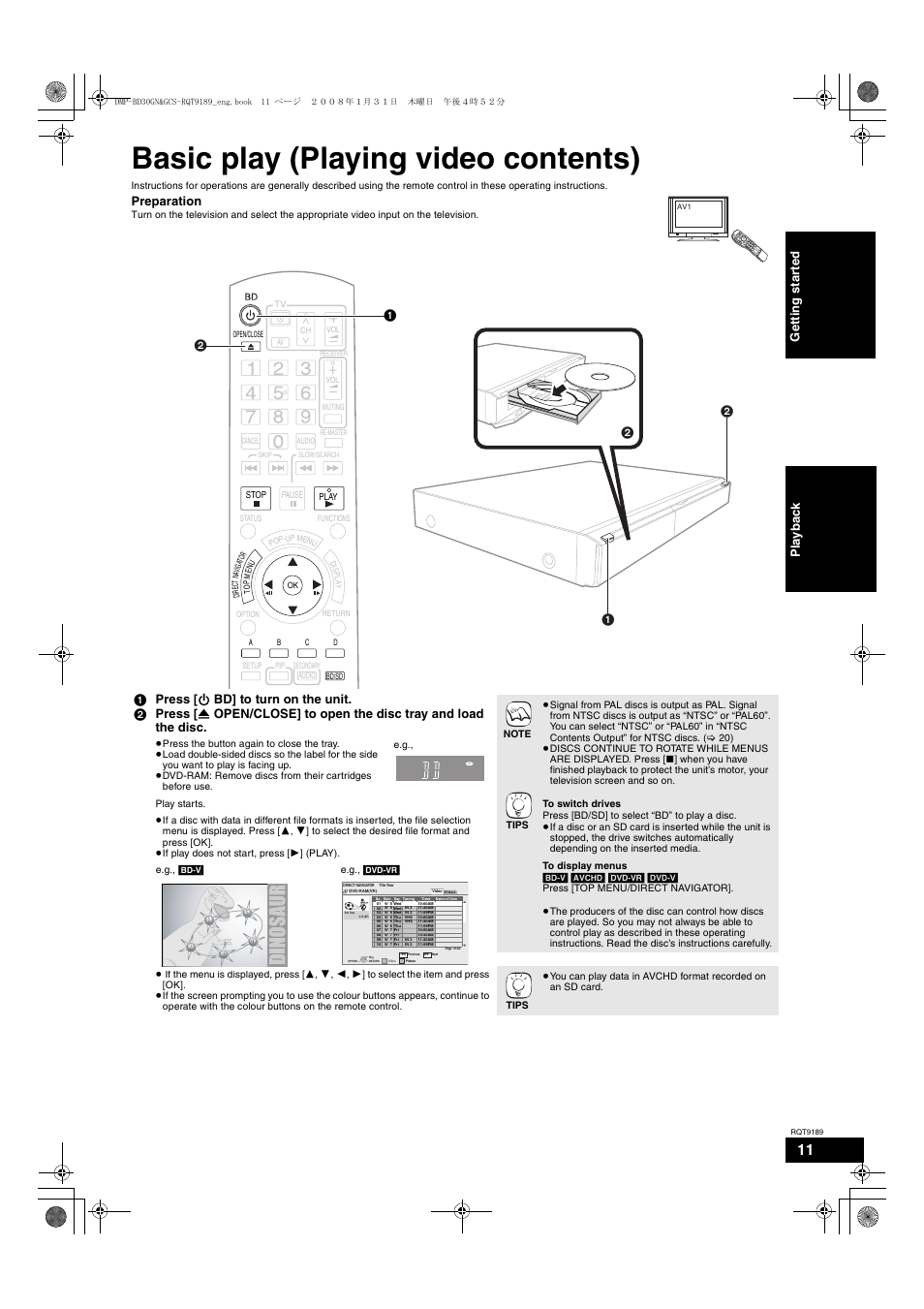 Basic play (playing video contents), Preparation, Ge tti ng s ta rte d p lay b a ck | Panasonic DMP-BD30 User Manual | Page 11 / 32