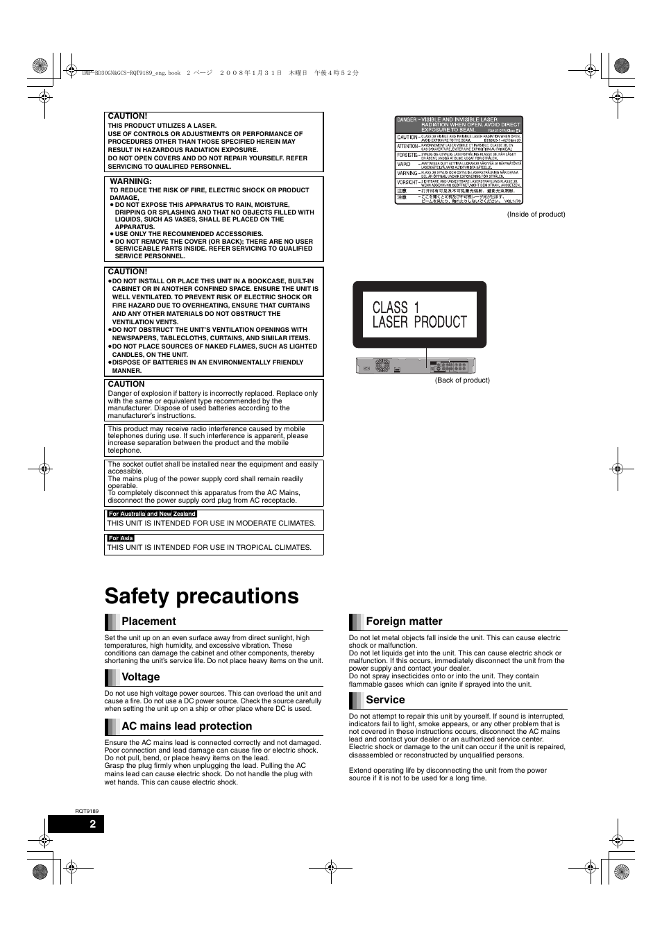 Safety precautions | Panasonic DMP-BD30 User Manual | Page 2 / 32