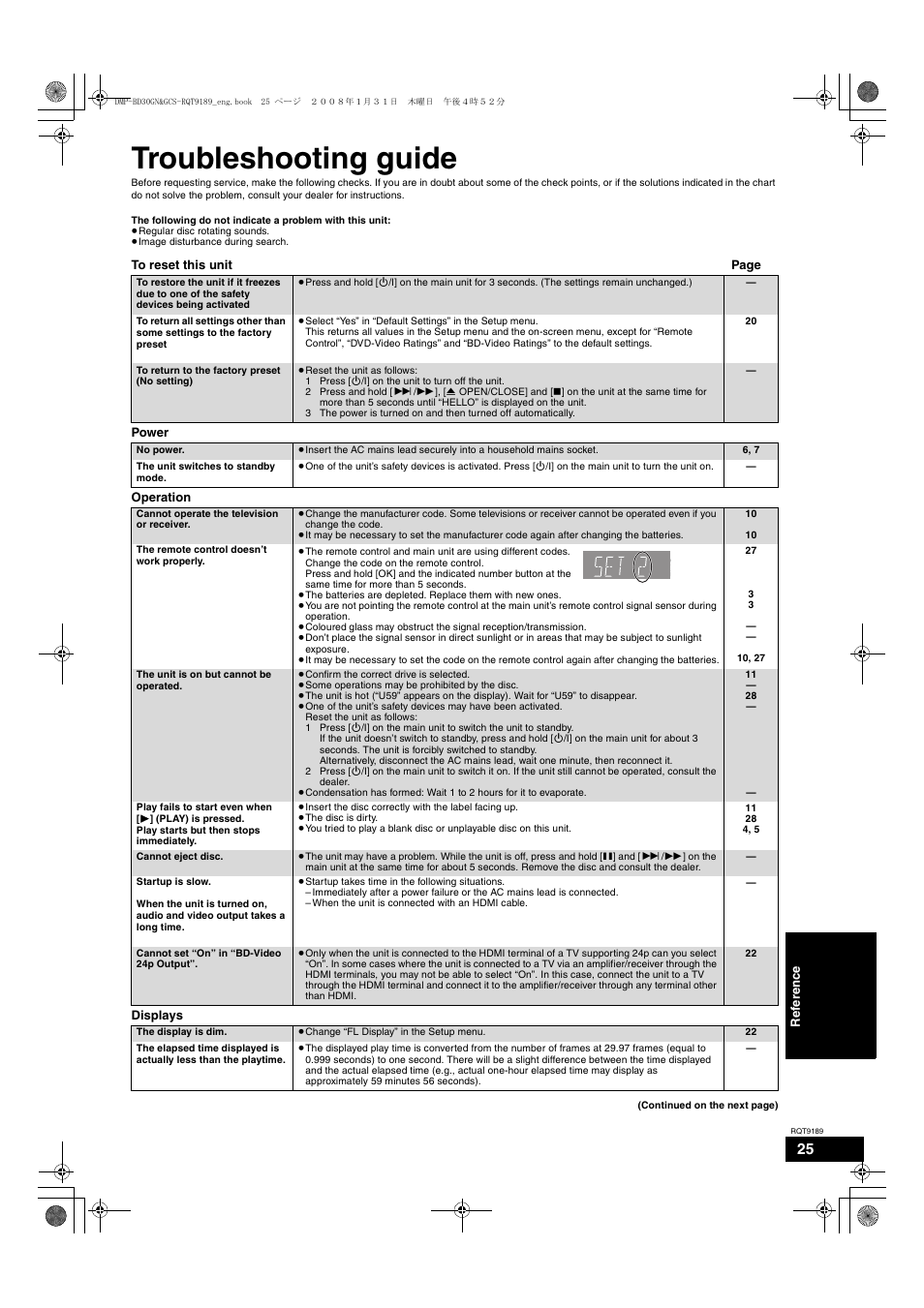 Troubleshooting guide | Panasonic DMP-BD30 User Manual | Page 25 / 32