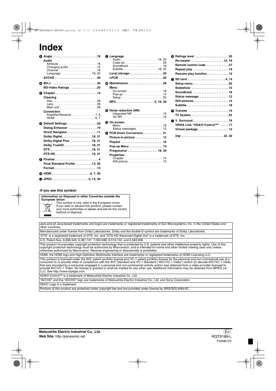 Index | Panasonic DMP-BD30 User Manual | Page 32 / 32