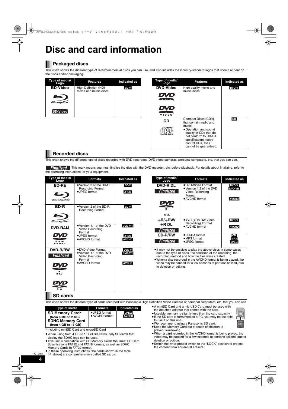 Disc and card information, Packaged discs, Recorded discs | Sd cards | Panasonic DMP-BD30 User Manual | Page 4 / 32