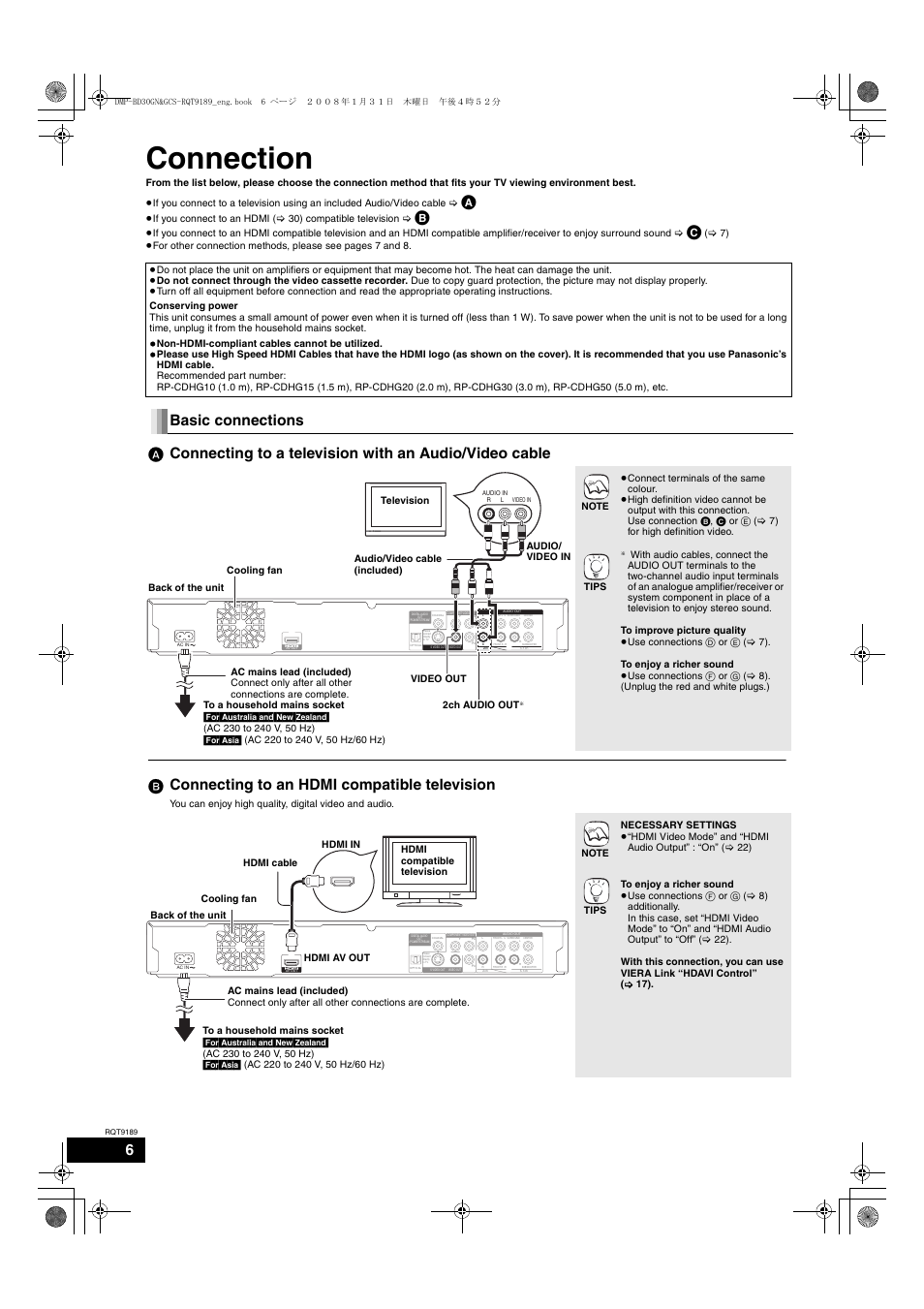 Connection, B connecting to an hdmi compatible television | Panasonic DMP-BD30 User Manual | Page 6 / 32