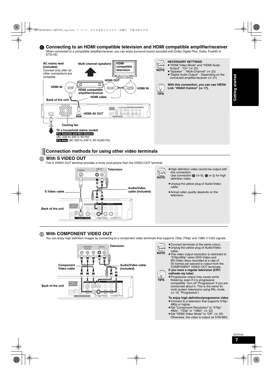 E with component video out, Ge tti ng s ta rte d | Panasonic DMP-BD30 User Manual | Page 7 / 32