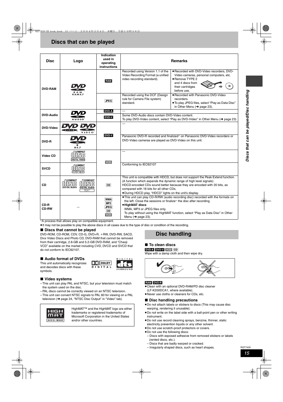 Discs that can be played, Disc handling | Panasonic GCSEB E User Manual | Page 15 / 40