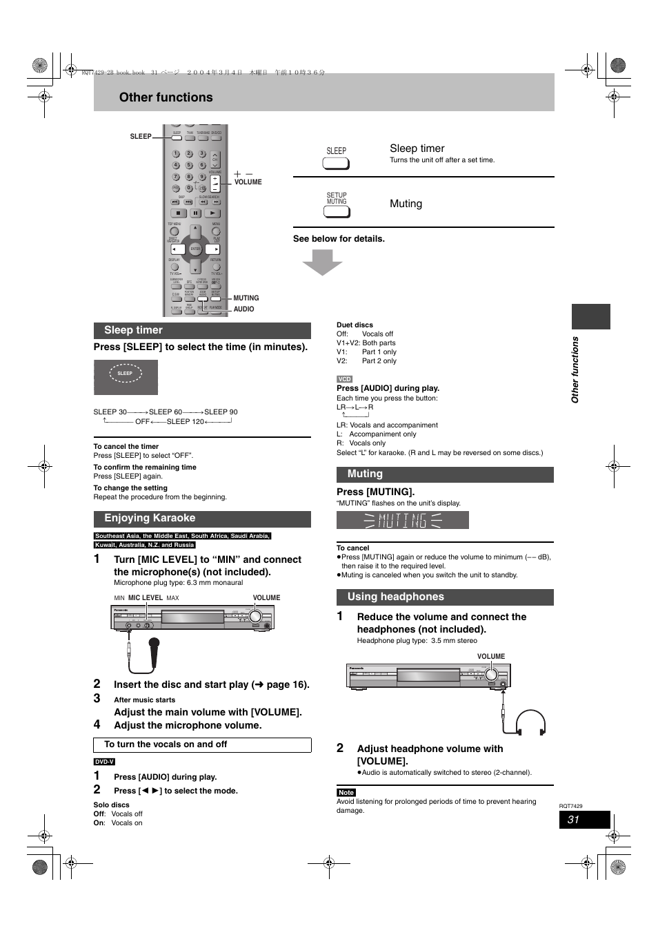 Other functions, Sleep timer, Muting | Sleep timer enjoying karaoke, Muting using headphones, Press [sleep] to select the time (in minutes), Insert the disc and start play ( ‹ page 16), Adjust the main volume with [volume, Adjust the microphone volume, Press [muting | Panasonic GCSEB E User Manual | Page 31 / 40