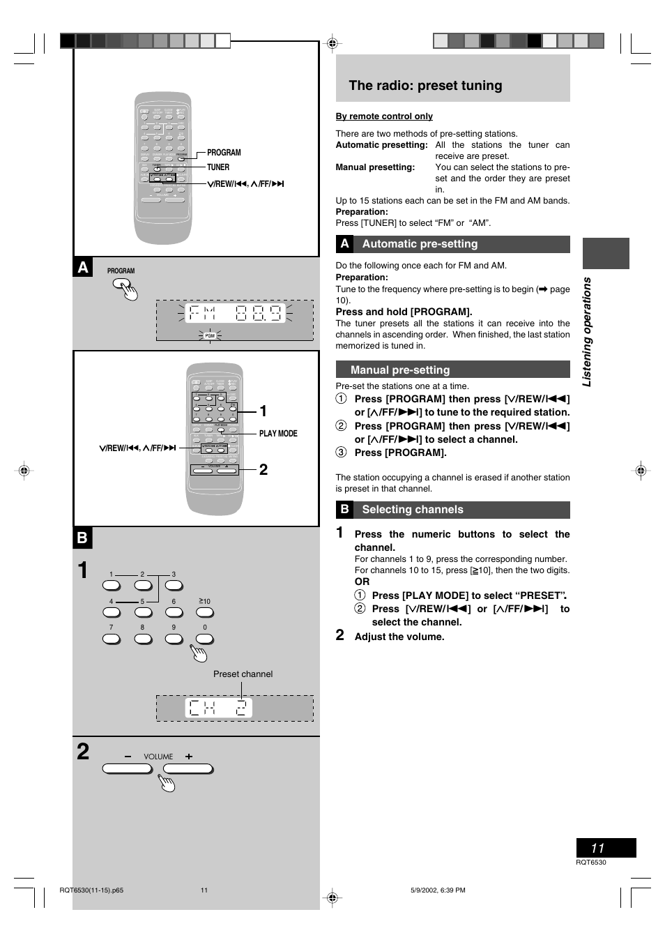 The radio: preset tuning, Listening operations, Automatic pre-setting | Manual pre-setting, Selecting channels, Press and hold [program, Press [program, Press the numeric buttons to select the channel, Press [play mode] to select “preset, Adjust the volume | Panasonic SC-PM47 User Manual | Page 11 / 32