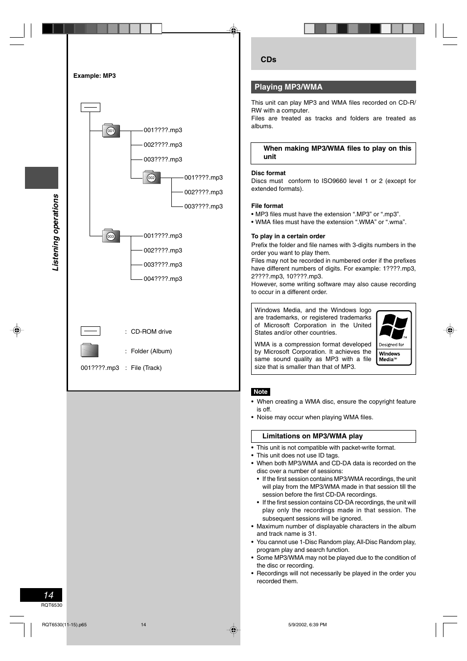 Listening operations cds playing mp3/wma | Panasonic SC-PM47 User Manual | Page 14 / 32