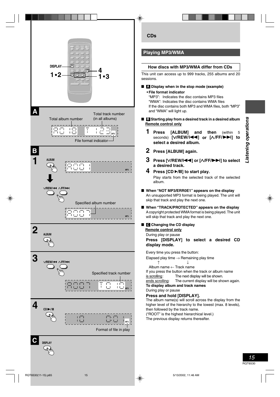 Listening operations cds playing mp3/wma | Panasonic SC-PM47 User Manual | Page 15 / 32