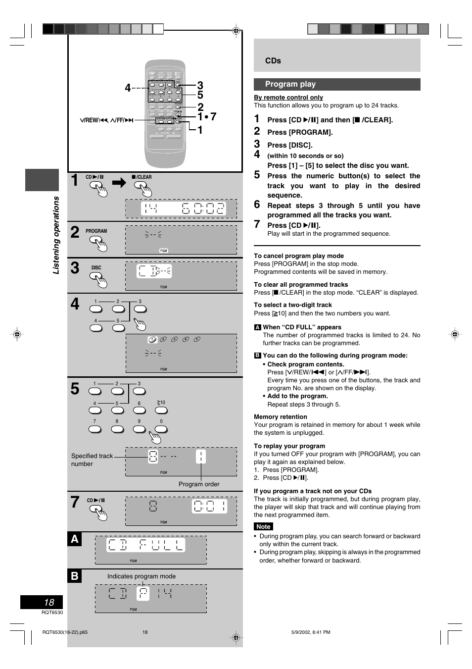 Listening operations, Cds program play | Panasonic SC-PM47 User Manual | Page 18 / 32