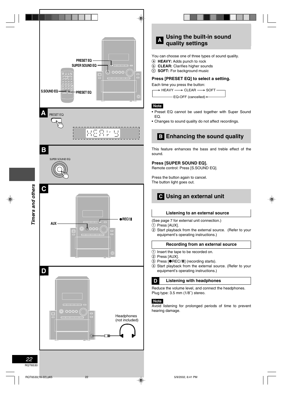 Timers and others, Using the built-in sound quality settings, Enhancing the sound quality | Using an external unit, Ca d b, Listening operations, Listening to an external source, Recording from an external source, Listening with headphones, Press [preset eq] to select a setting | Panasonic SC-PM47 User Manual | Page 22 / 32