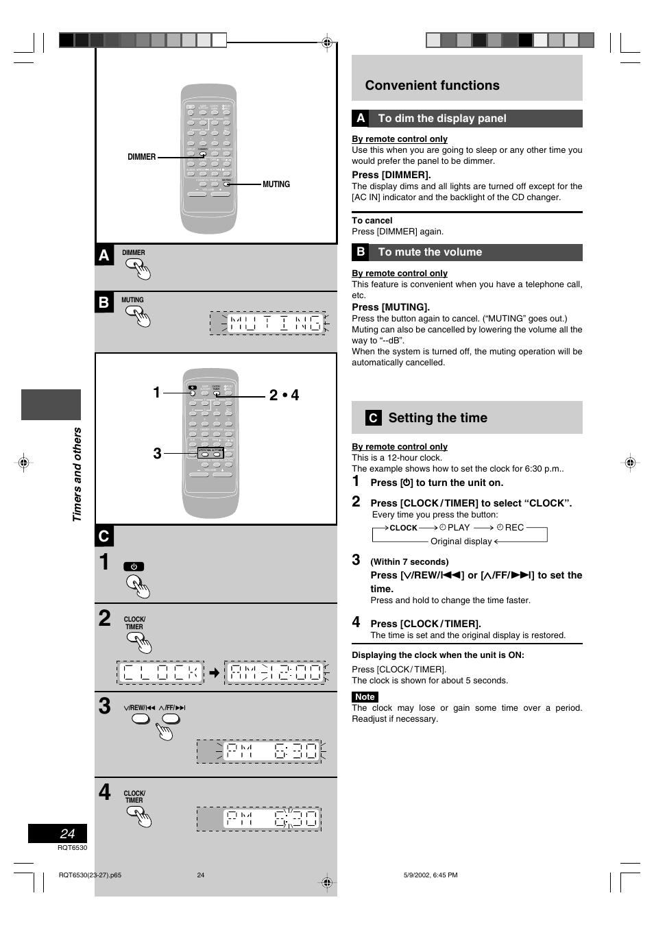 Convenient functions, Setting the time, Listening operations | Timers and others, Press [dimmer, Press [muting, Press [clock / timer] to select “clock, Press [clock / timer | Panasonic SC-PM47 User Manual | Page 24 / 32