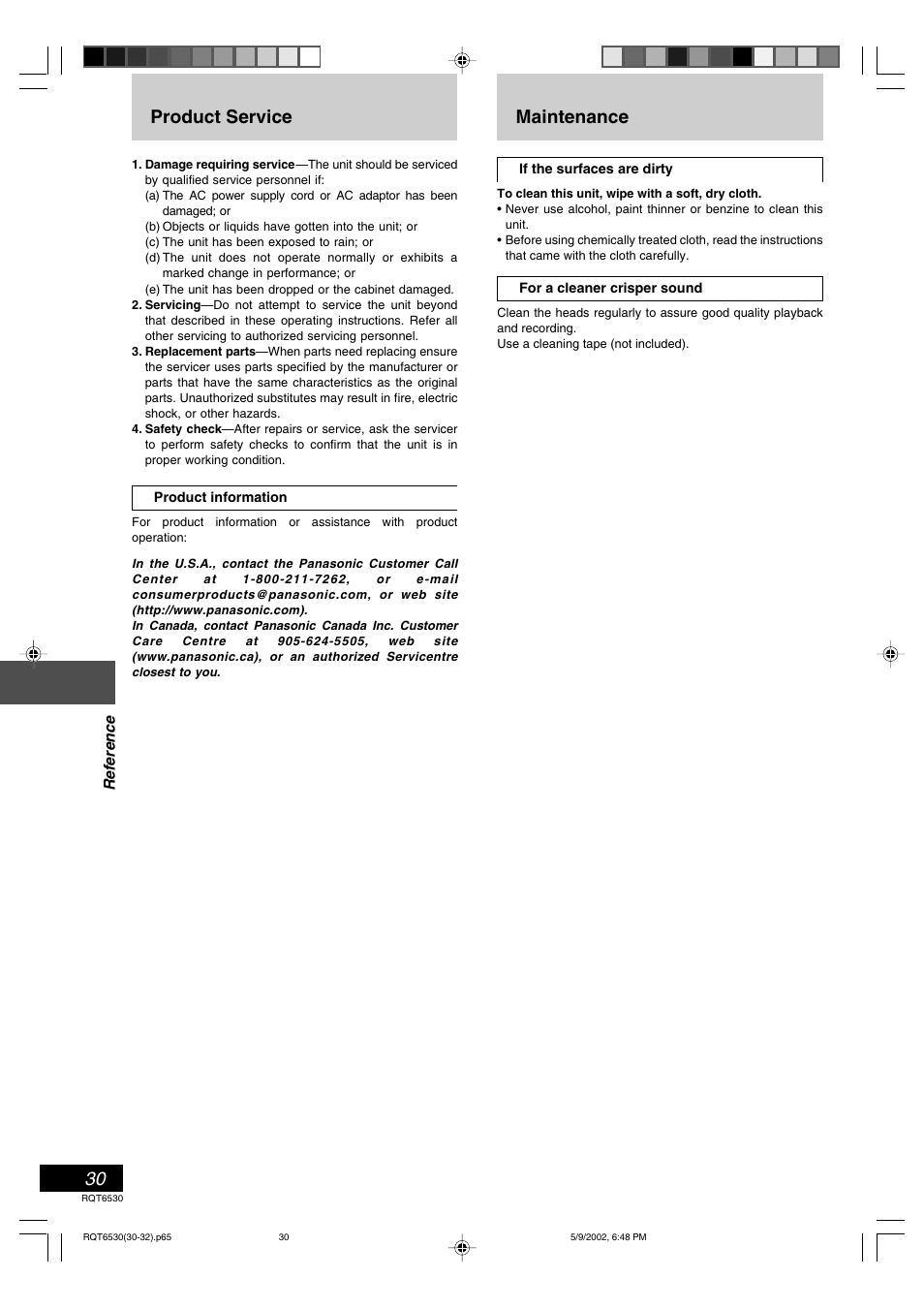 Product service, Maintenance | Panasonic SC-PM47 User Manual | Page 30 / 32