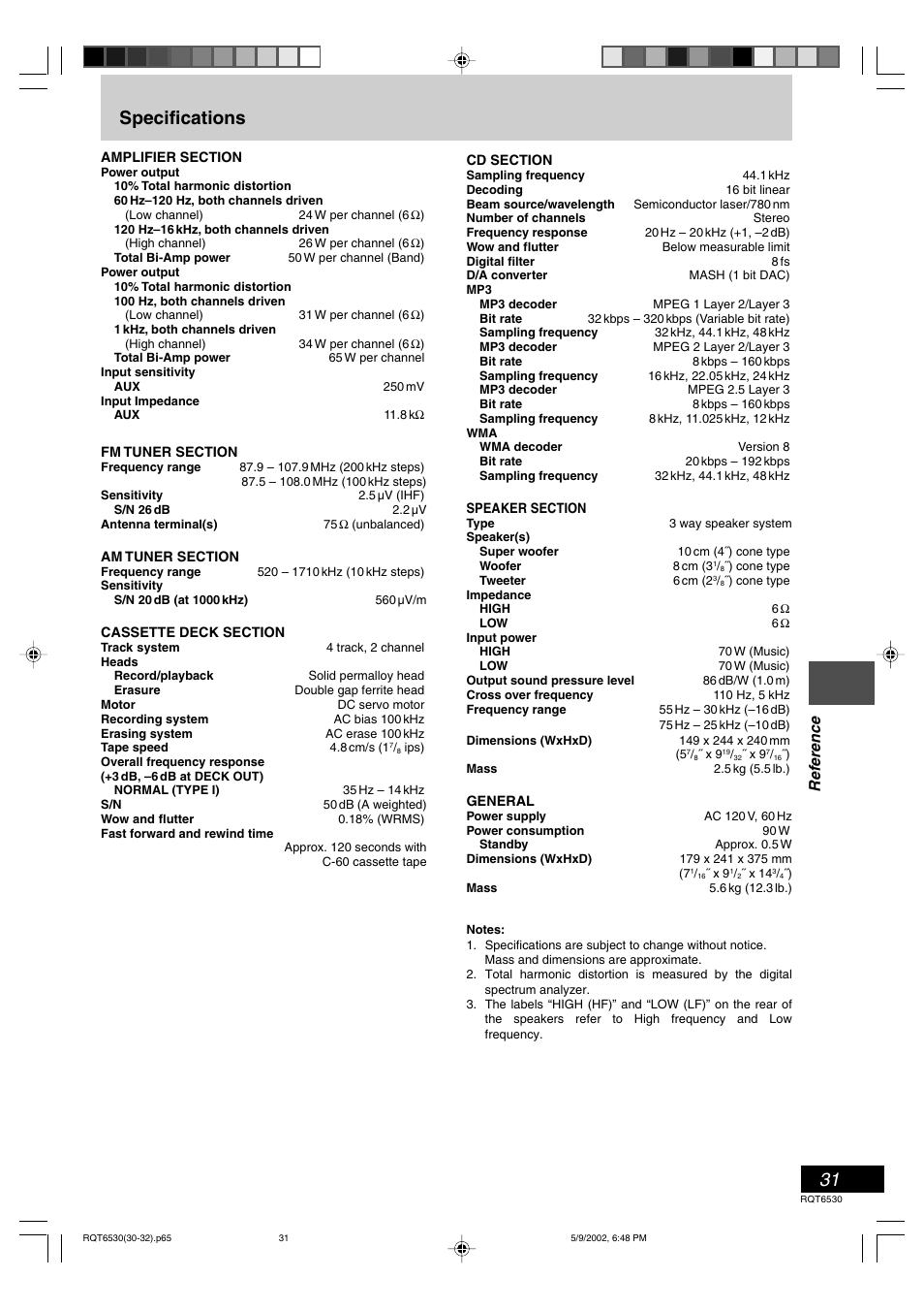 Specifications, Listening operations reference | Panasonic SC-PM47 User Manual | Page 31 / 32