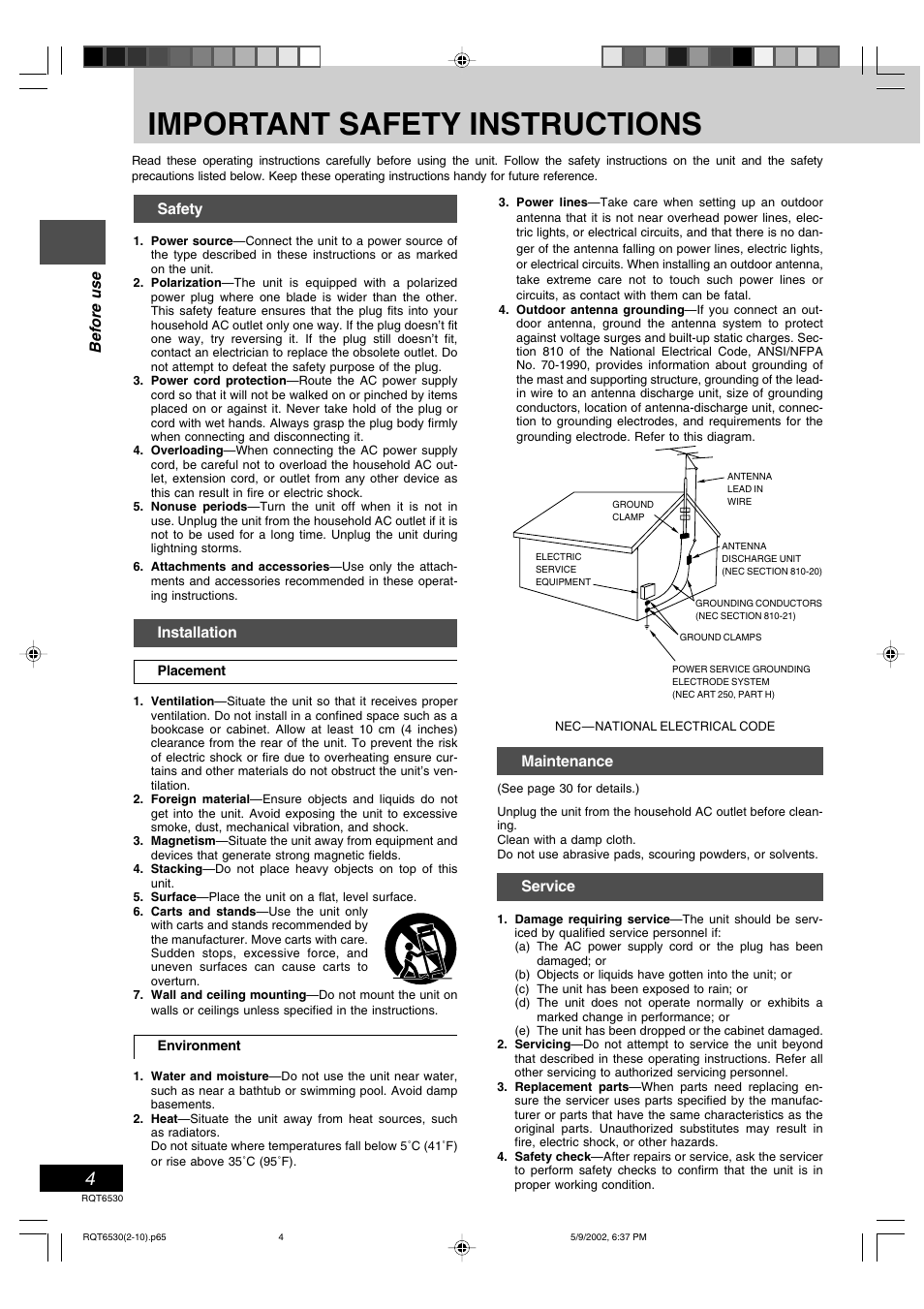 Important safety instructions, Before use, Maintenance | Service, Safety, Installation | Panasonic SC-PM47 User Manual | Page 4 / 32