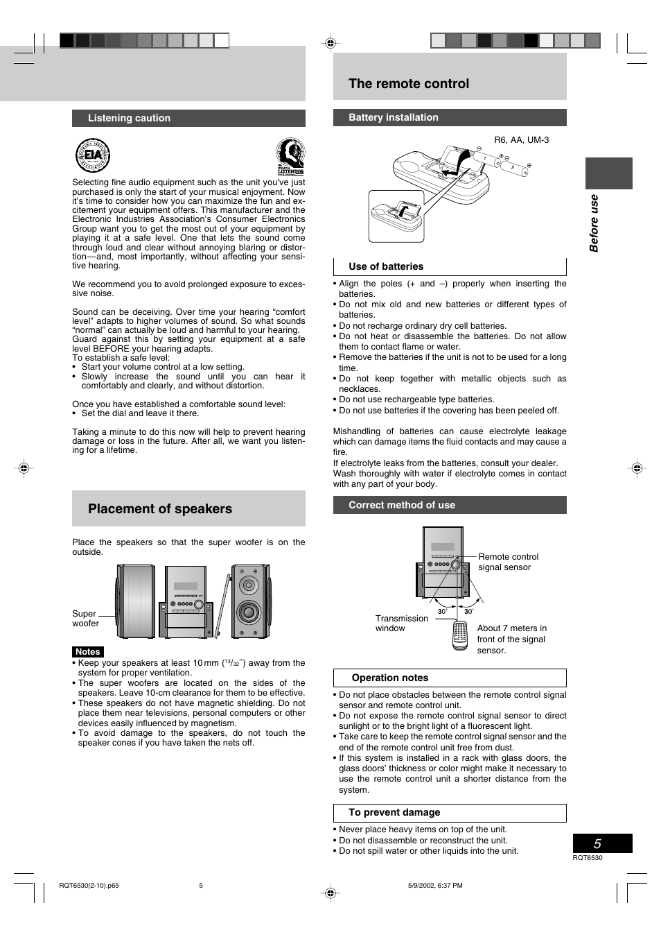 Placement of speakers, The remote control, Before use | Panasonic SC-PM47 User Manual | Page 5 / 32