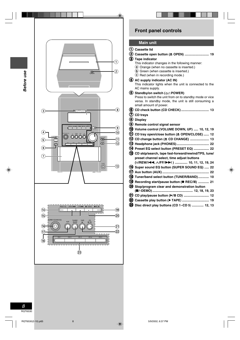 Front panel controls, Before use | Panasonic SC-PM47 User Manual | Page 8 / 32