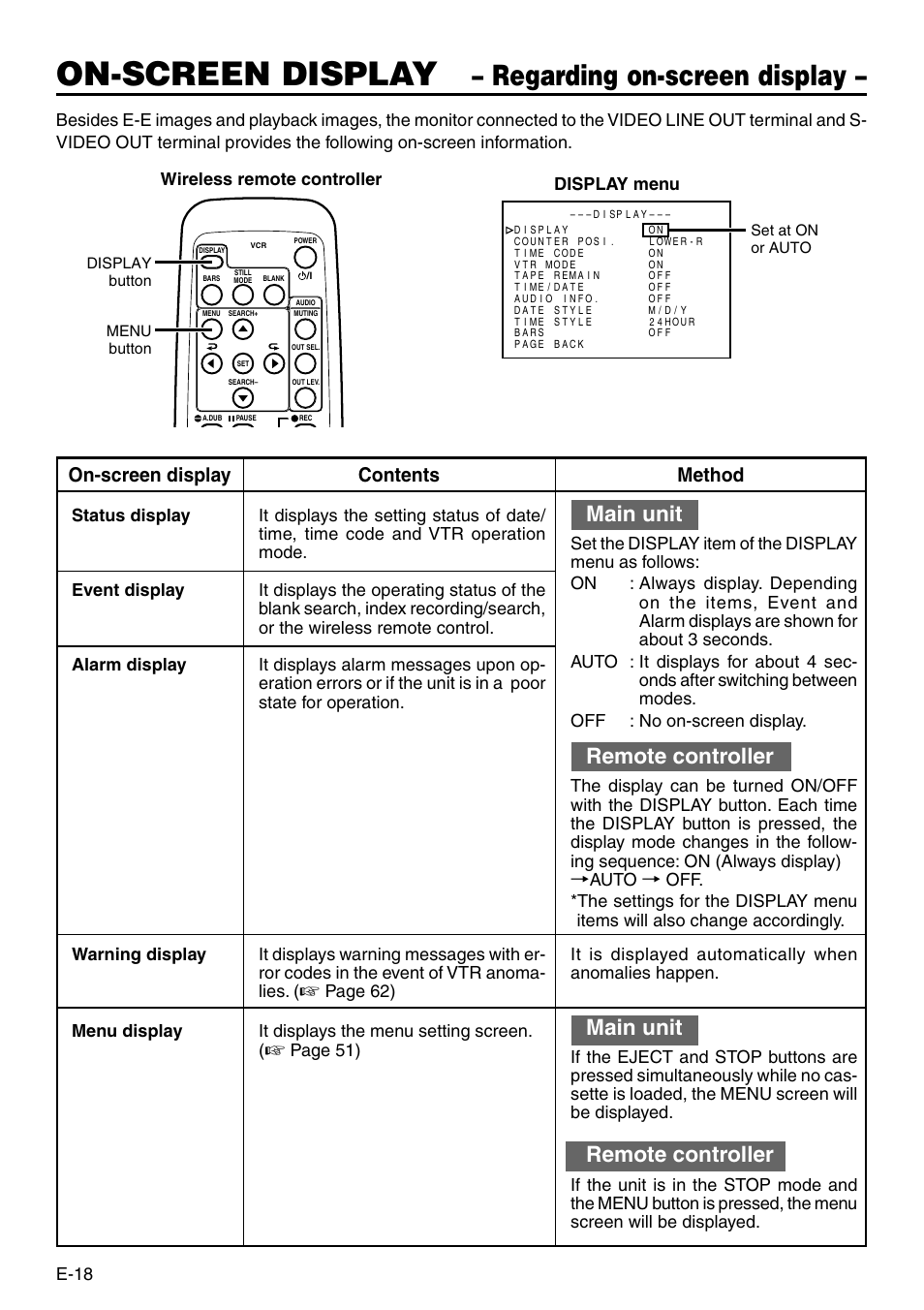 On-screen display, Regarding on-screen display, Main unit | Remote controller, On-screen display contents method, E-18, Wireless remote controller display menu, Page 51) | Panasonic AG-DV2500P User Manual | Page 18 / 68