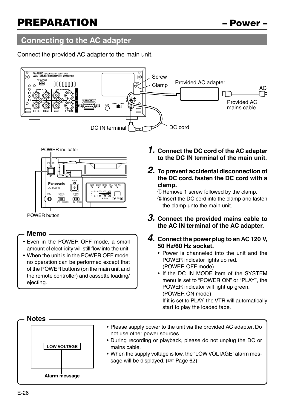 Power, Preparation, Connecting to the ac adapter | Connect the provided ac adapter to the main unit, E-26, Page 62) | Panasonic AG-DV2500P User Manual | Page 26 / 68