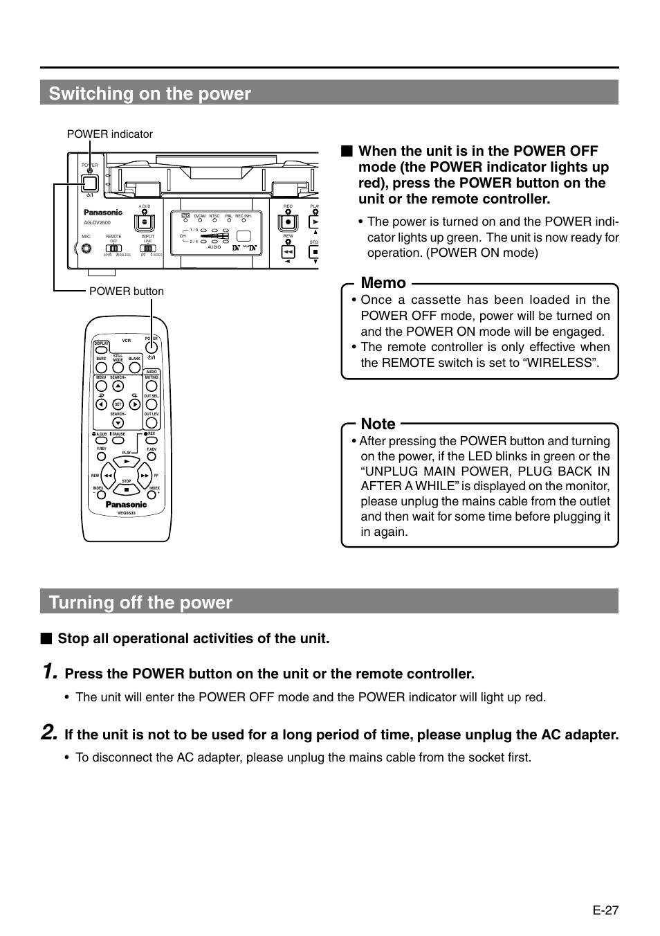 Switching on the power, Turning off the power, Stop all operational activities of the unit | E-27, Power indicator power button | Panasonic AG-DV2500P User Manual | Page 27 / 68