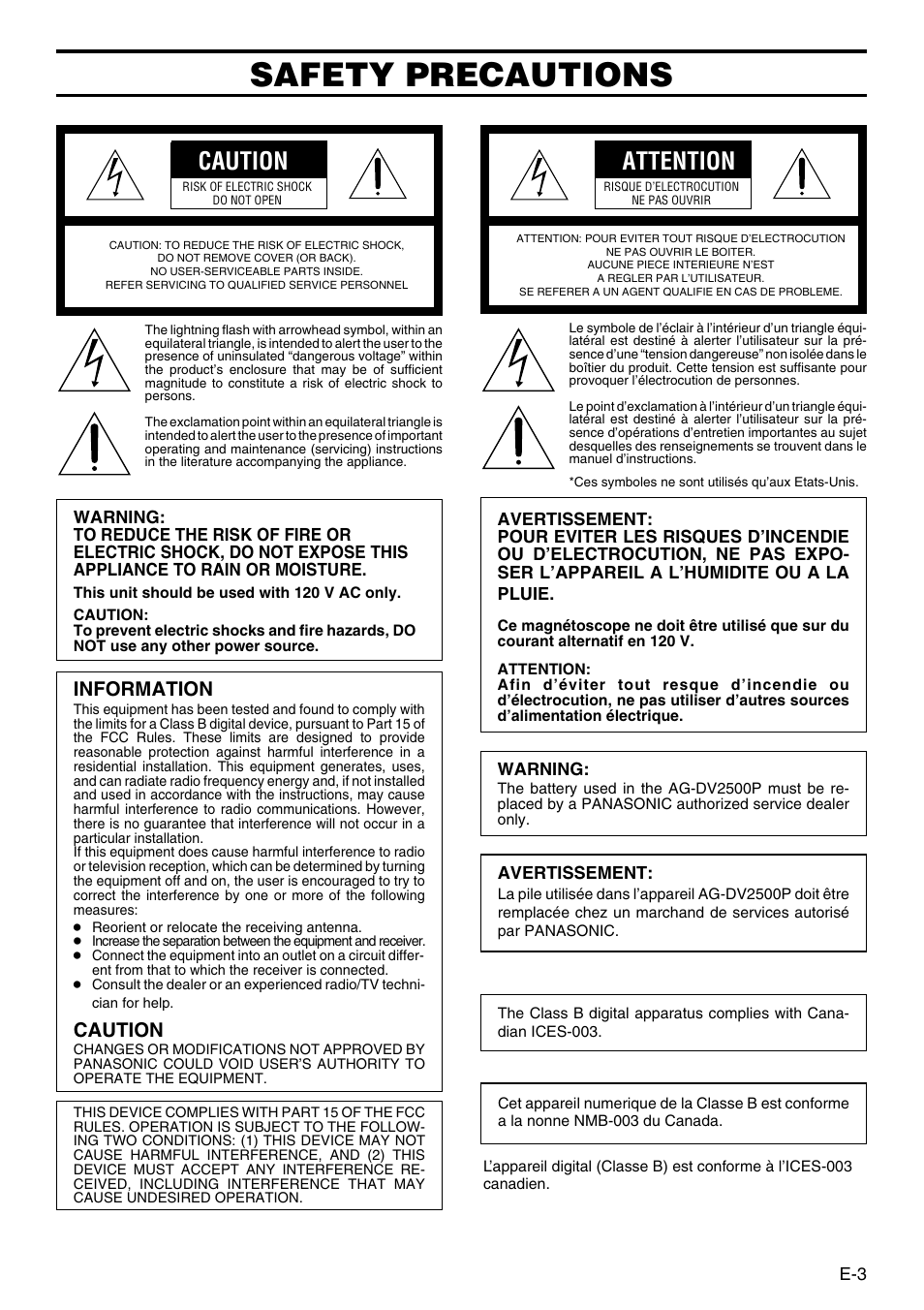Safety precautions, Caution, Attention | Information | Panasonic AG-DV2500P User Manual | Page 3 / 68