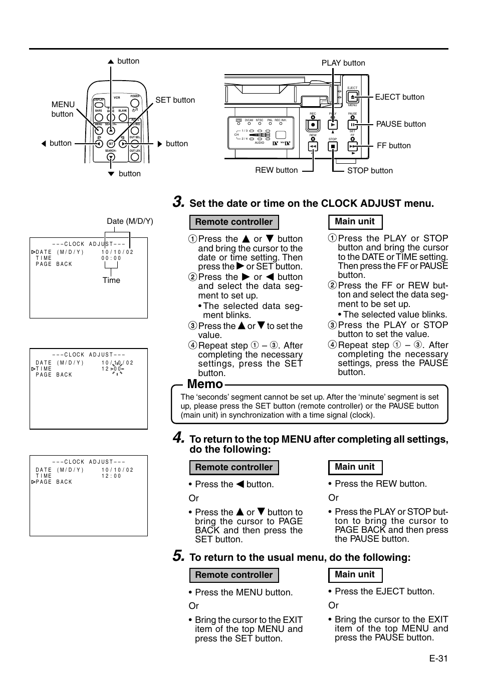 Set the date or time on the clock adjust menu, E-31, Main unit | Press the play or stop button to set the value, Press the, Or set button, Button. or • press the | Panasonic AG-DV2500P User Manual | Page 31 / 68
