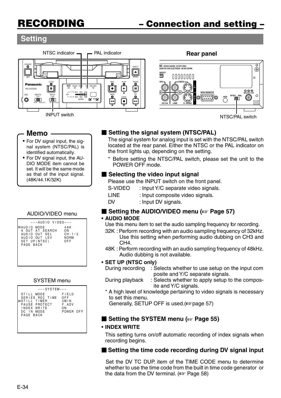 Recording, Connection and setting, Setting | Rear panel, Setting the signal system (ntsc/pal), Selecting the video input signal, Setting the audio/video menu, Page 57), Setting the system menu ( ☞ page 55), E-34 | Panasonic AG-DV2500P User Manual | Page 34 / 68