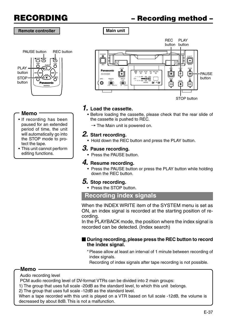 Recording method, Recording, Recording index signals | Load the cassette, Start recording, Pause recording, Resume recording, Stop recording, E-37, Main unit remote controller | Panasonic AG-DV2500P User Manual | Page 37 / 68