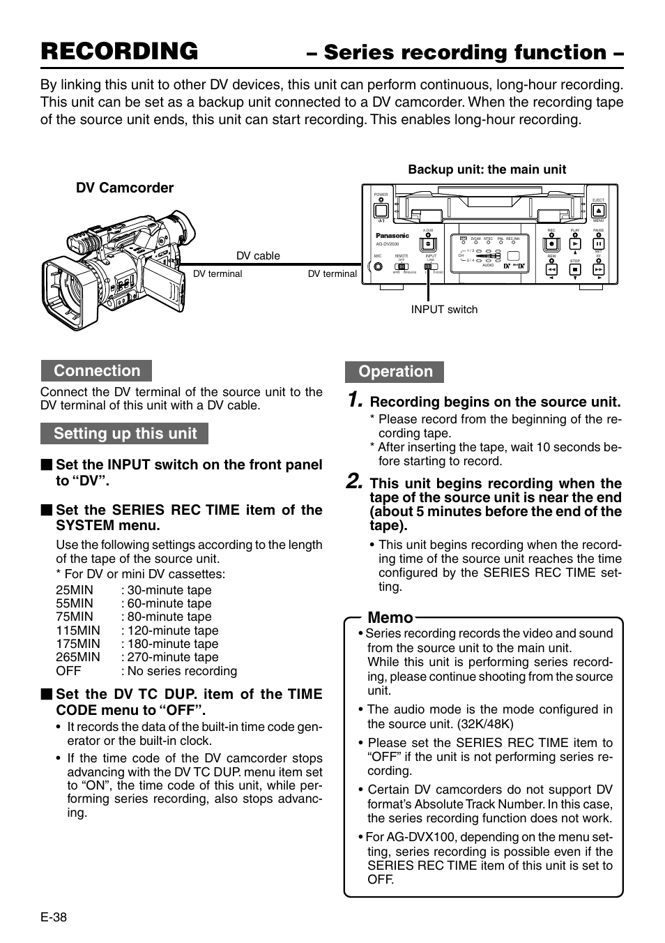 Series recording function, Recording, Connection | Setting up this unit, Operation, Recording begins on the source unit, Dv camcorder, E-38, Backup unit: the main unit | Panasonic AG-DV2500P User Manual | Page 38 / 68