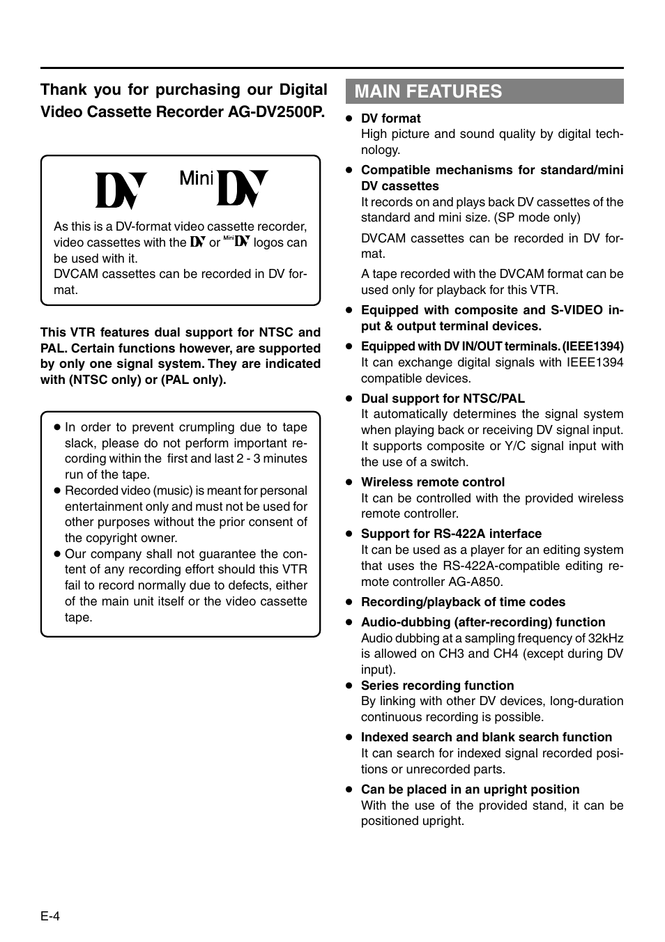 Main features | Panasonic AG-DV2500P User Manual | Page 4 / 68