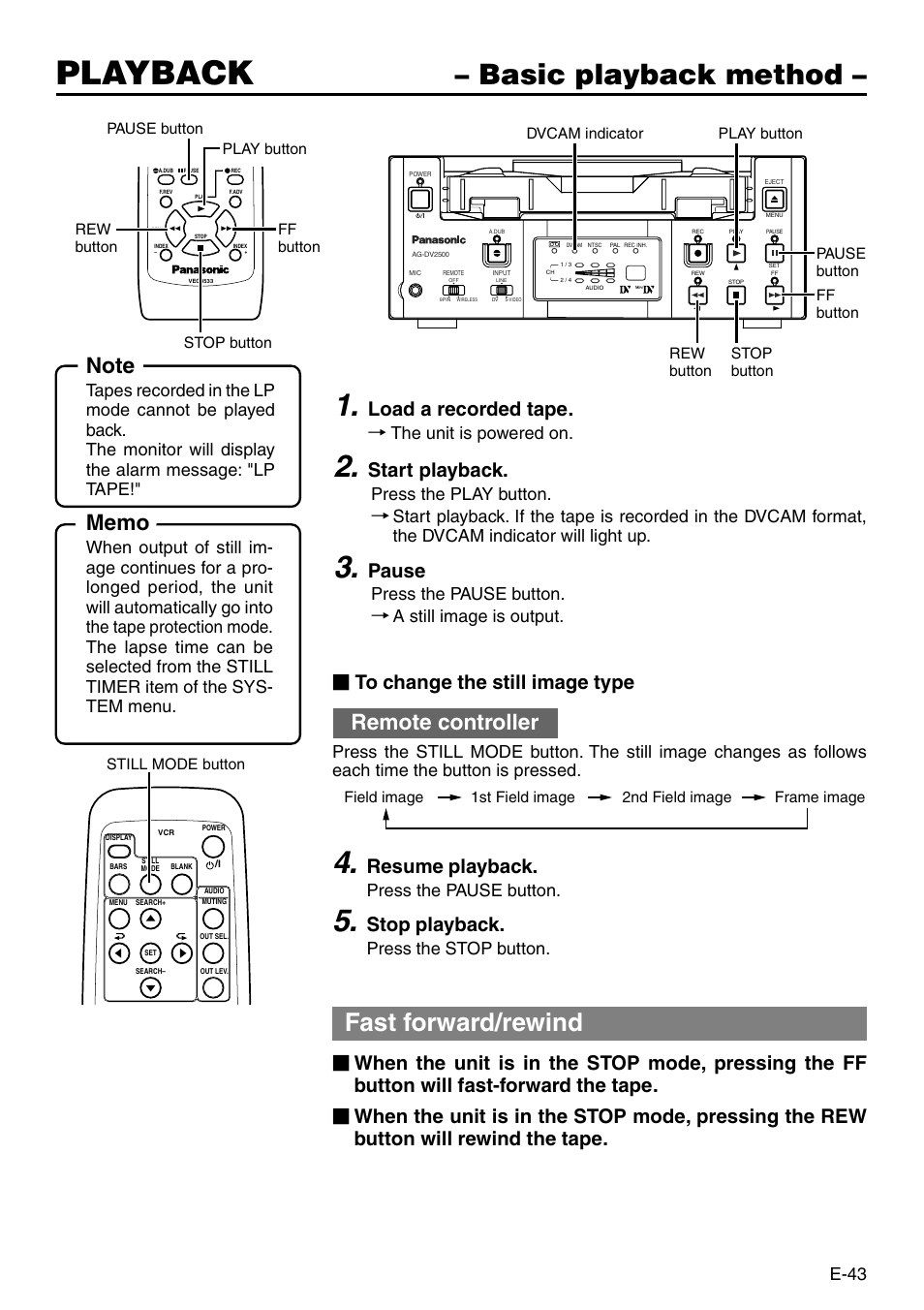 Basic playback method, Playback, Fast forward/rewind | Remote controller, Load a recorded tape, Start playback, Pause, Resume playback, Stop playback, E-43 | Panasonic AG-DV2500P User Manual | Page 43 / 68