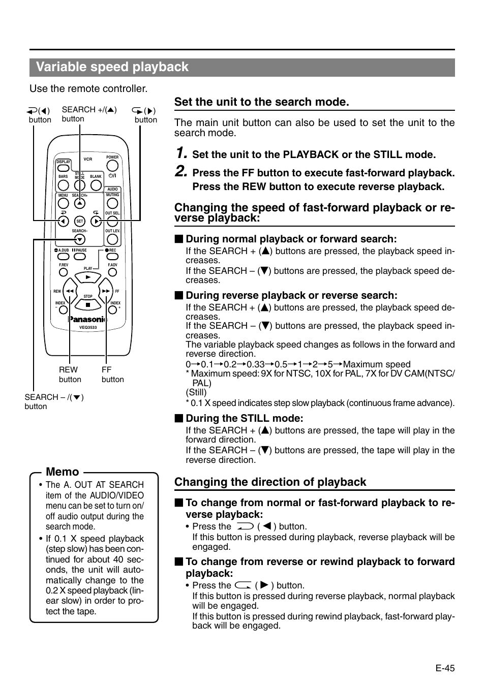 Variable speed playback, Set the unit to the search mode, Changing the direction of playback | Use the remote controller, Set the unit to the playback or the still mode, During normal playback or forward search, During reverse playback or reverse search, During the still mode | Panasonic AG-DV2500P User Manual | Page 45 / 68