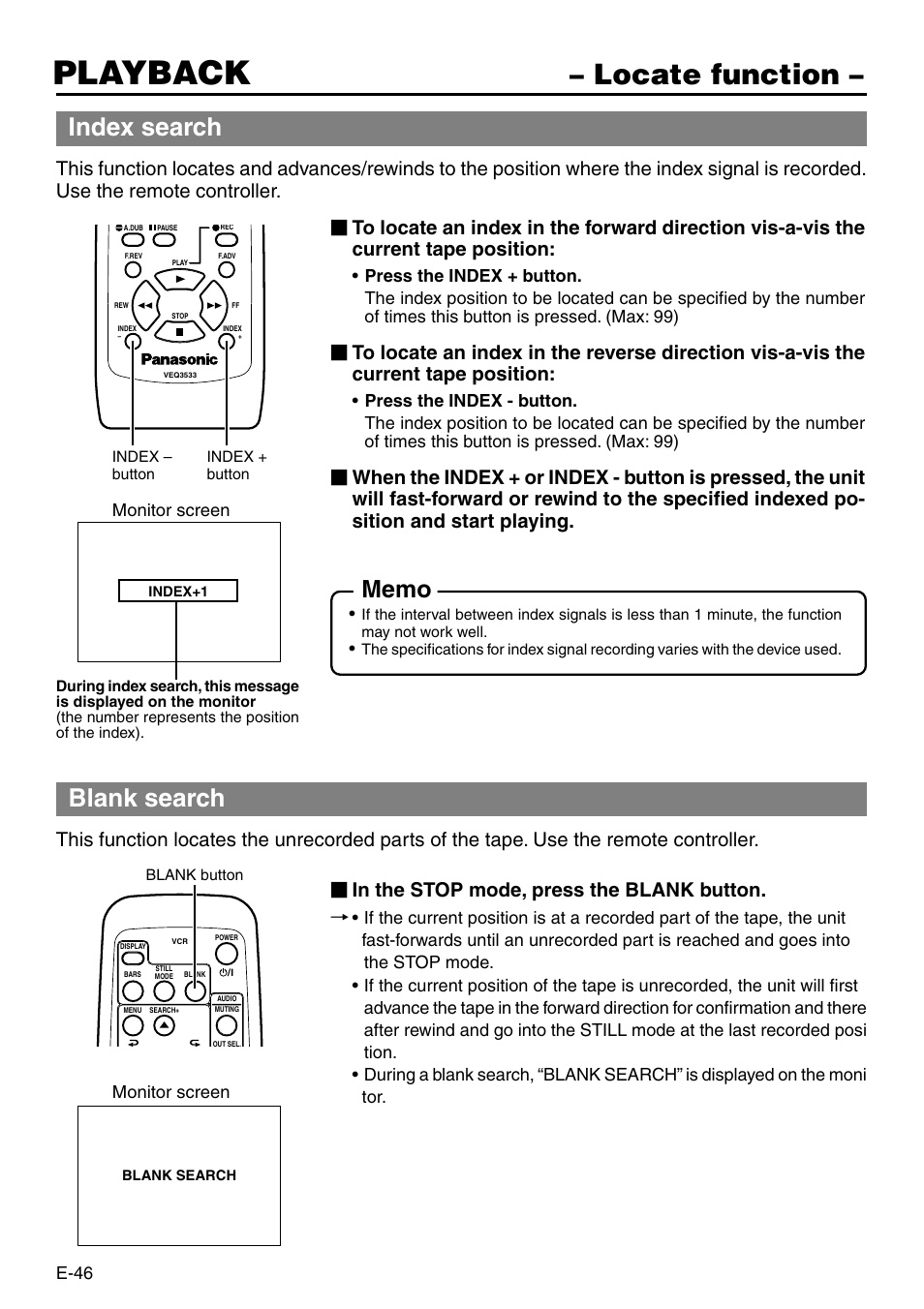 Locate function, Playback, Index search | Blank search, E-46, Monitor screen | Panasonic AG-DV2500P User Manual | Page 46 / 68