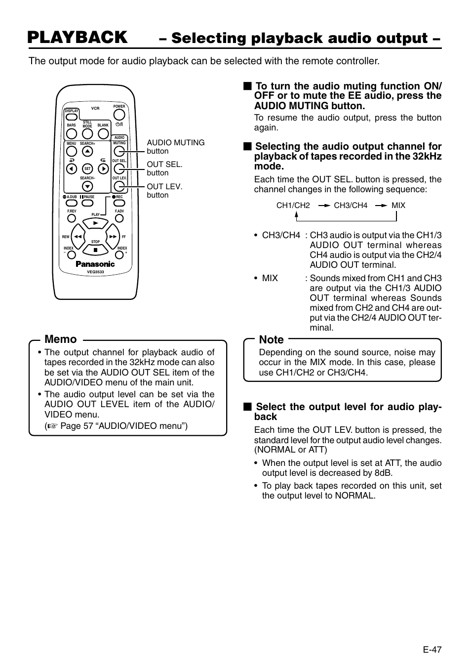 Selecting playback audio output, Playback, Select the output level for audio play- back | E-47, Page 57 “audio/video menu”) | Panasonic AG-DV2500P User Manual | Page 47 / 68