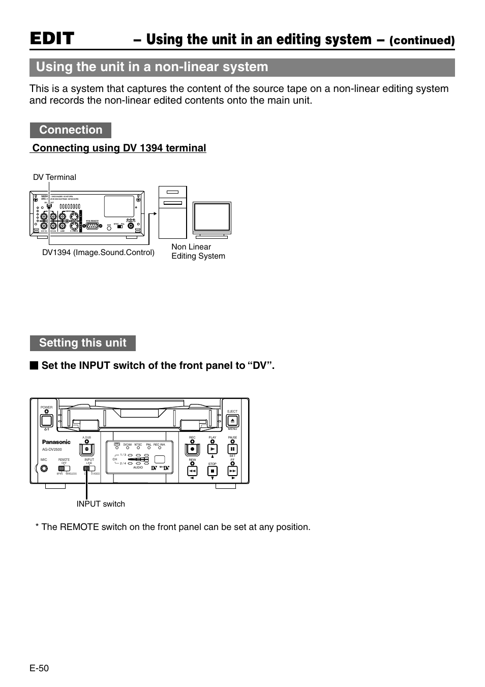 Edit, Using the unit in an editing system, Using the unit in a non-linear system | Continued) connection setting this unit, E-50, Input switch | Panasonic AG-DV2500P User Manual | Page 50 / 68