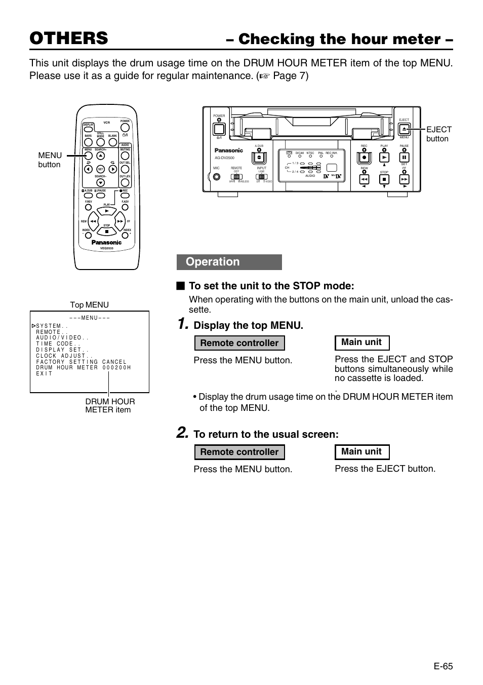 Checking the hour meter, Others, Operation | Page 7), Display the top menu, E-65, Eject button, Menu button, Top menu, Drum hour meter item | Panasonic AG-DV2500P User Manual | Page 65 / 68