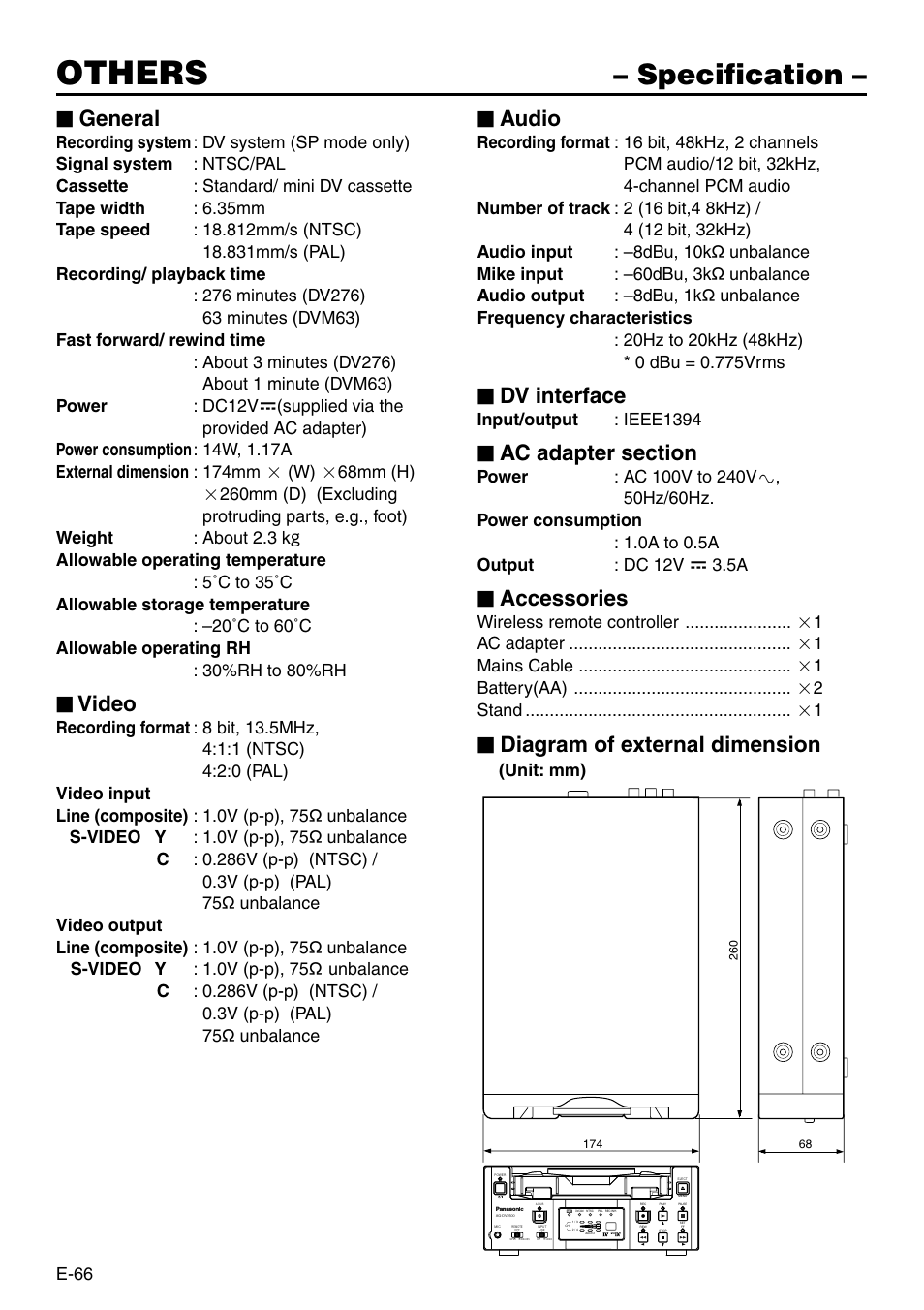 Specification, Others, General | Video, Audio, Dv interface, Accessories, Diagram of external dimension | Panasonic AG-DV2500P User Manual | Page 66 / 68